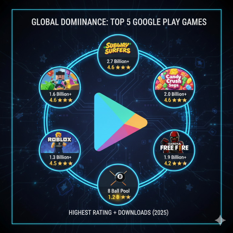 🏆 Global Dominance: Top 5 Games by Downloads & Rating on Google Play Store (2025)